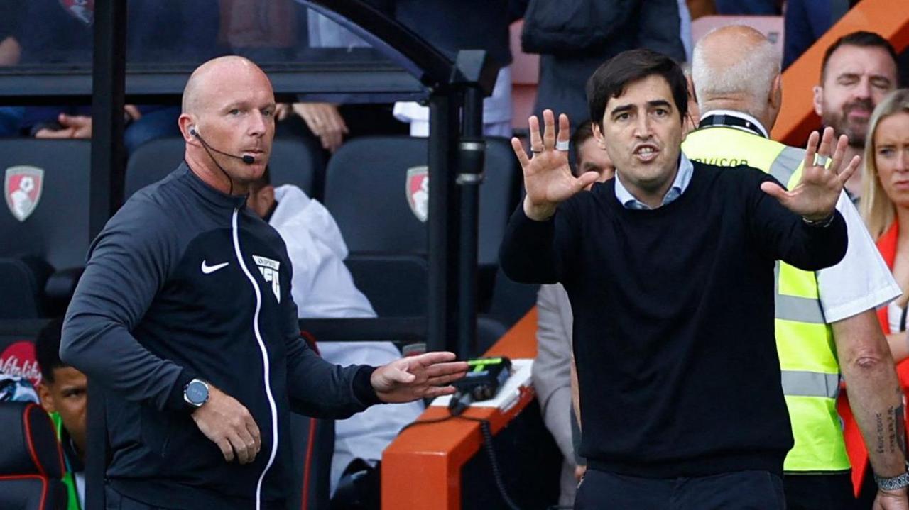 Bournemouth boss Andoni Iraola looks frustrated during the game with Newcastle