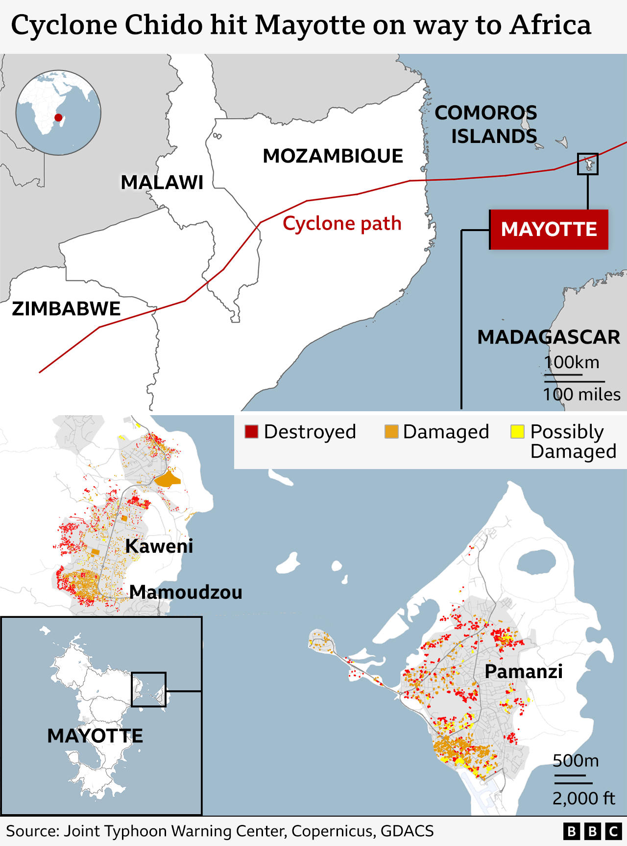 A visualised graphic shows the path of Cyclone Chido over Mayotte, Mozambique, Malawi and Zimbabwe, with dots showing destroyed and damaged sites on two islands in the Mayotte archipelago