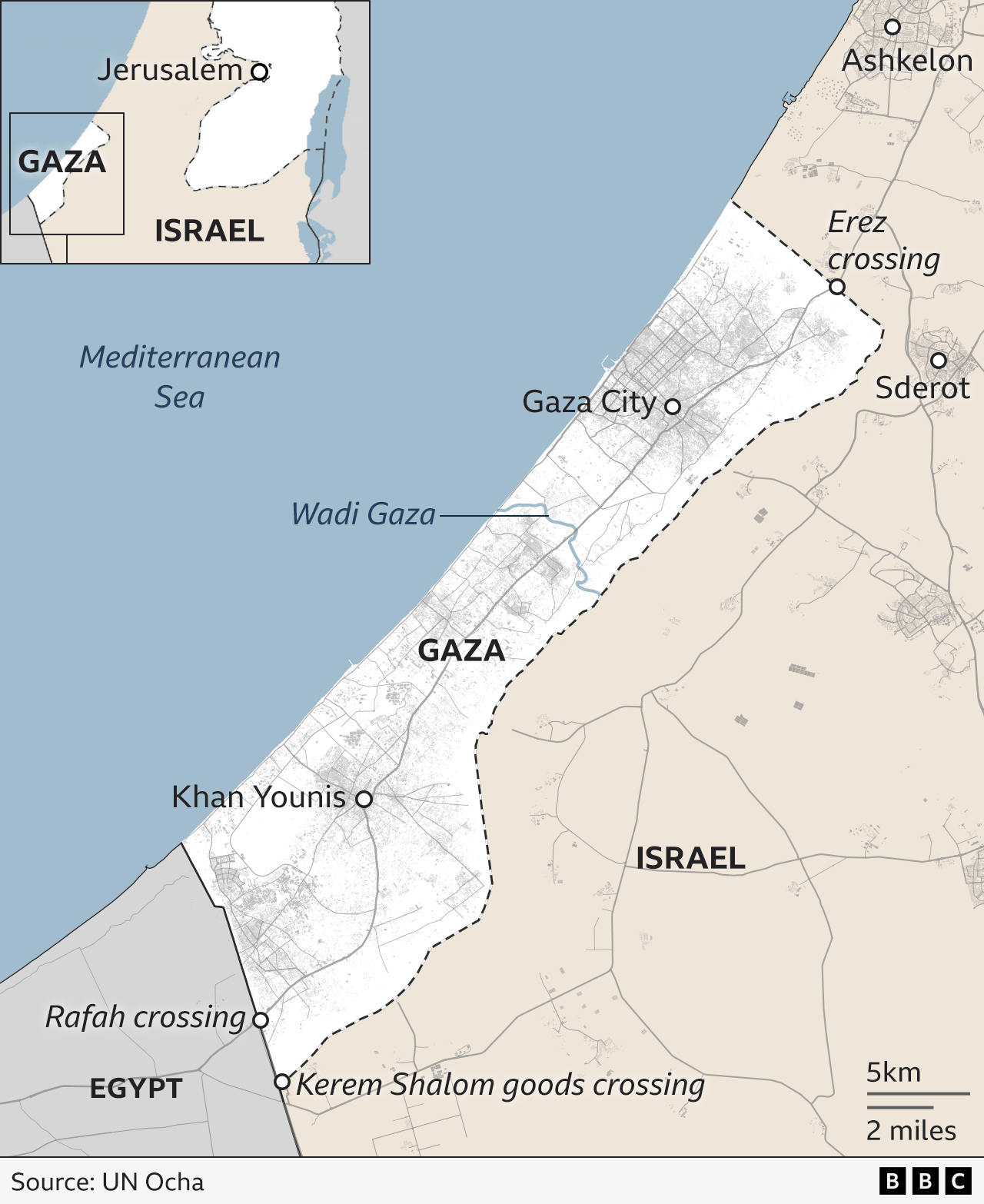 A map showing where Gaza is, as well as Egypt and Israel