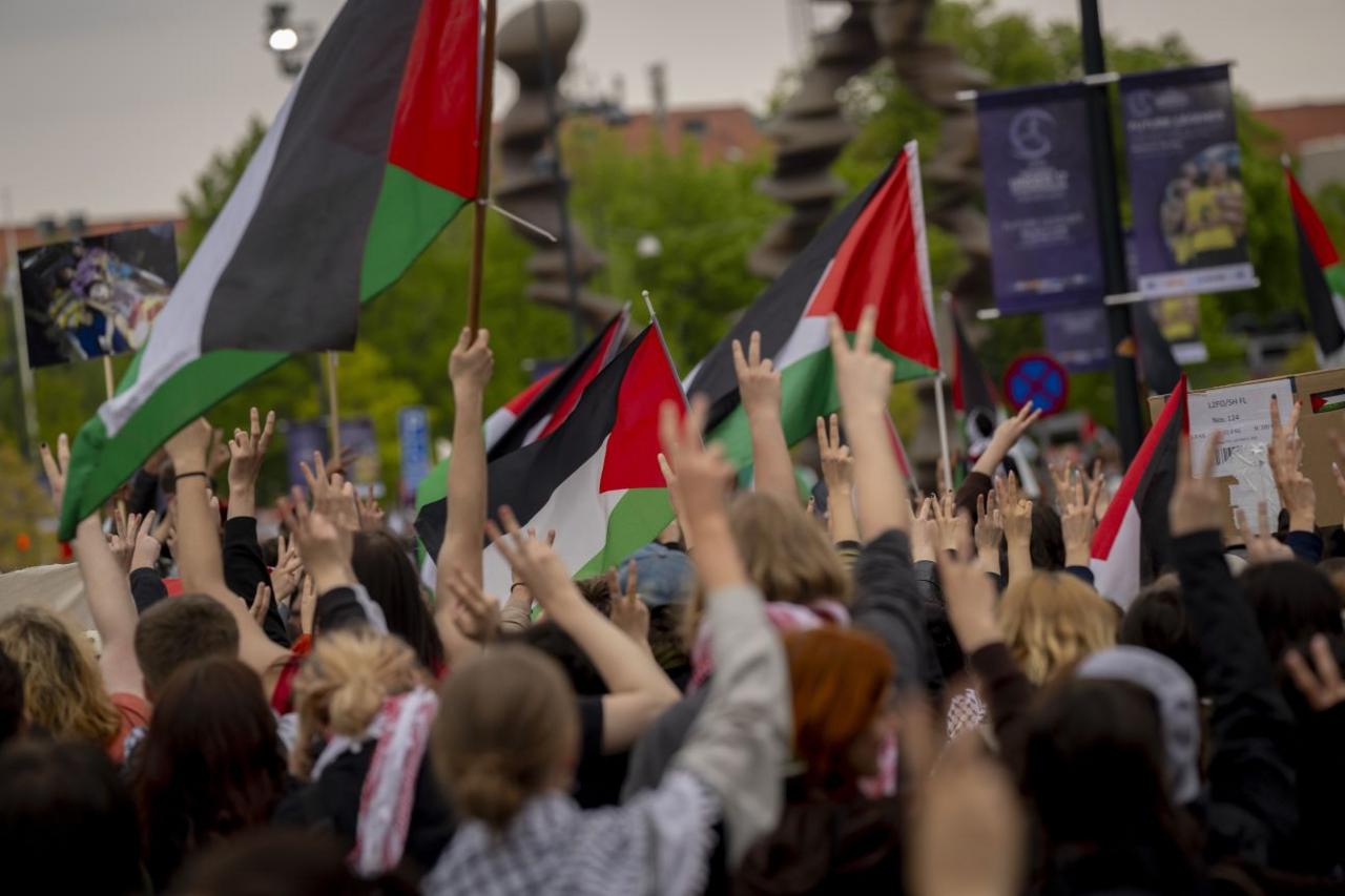 Pro-Palestinian protesters outside the arena in Malmö