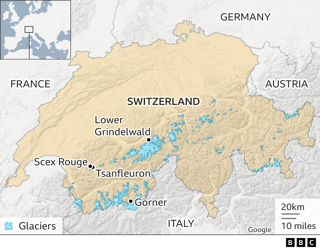 Map shows the location of the Gorner glacier, the Tsanfleuron and Scex Rouge in the Swiss Alps