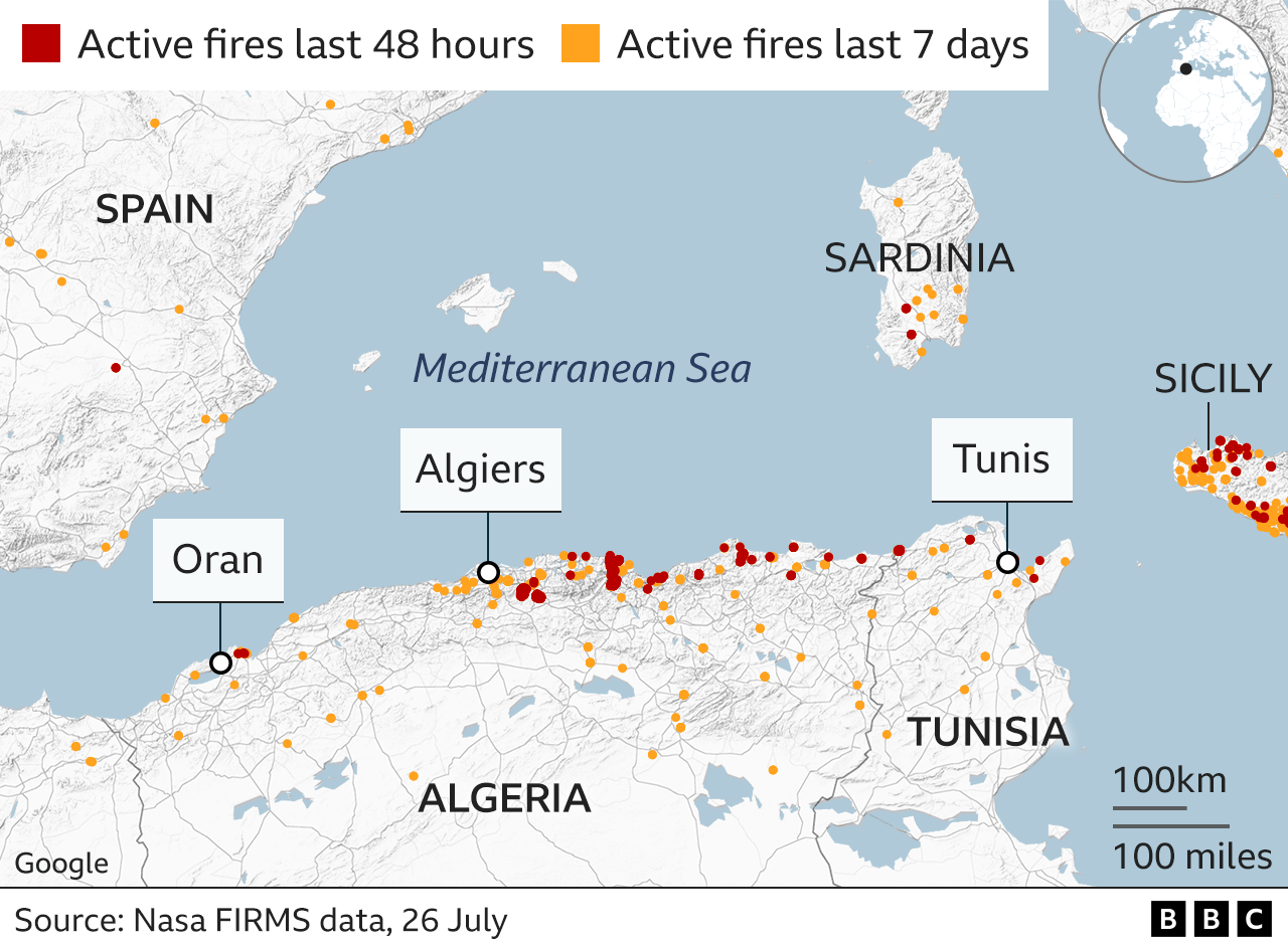 A map showing fires in Algeria and Tunisia