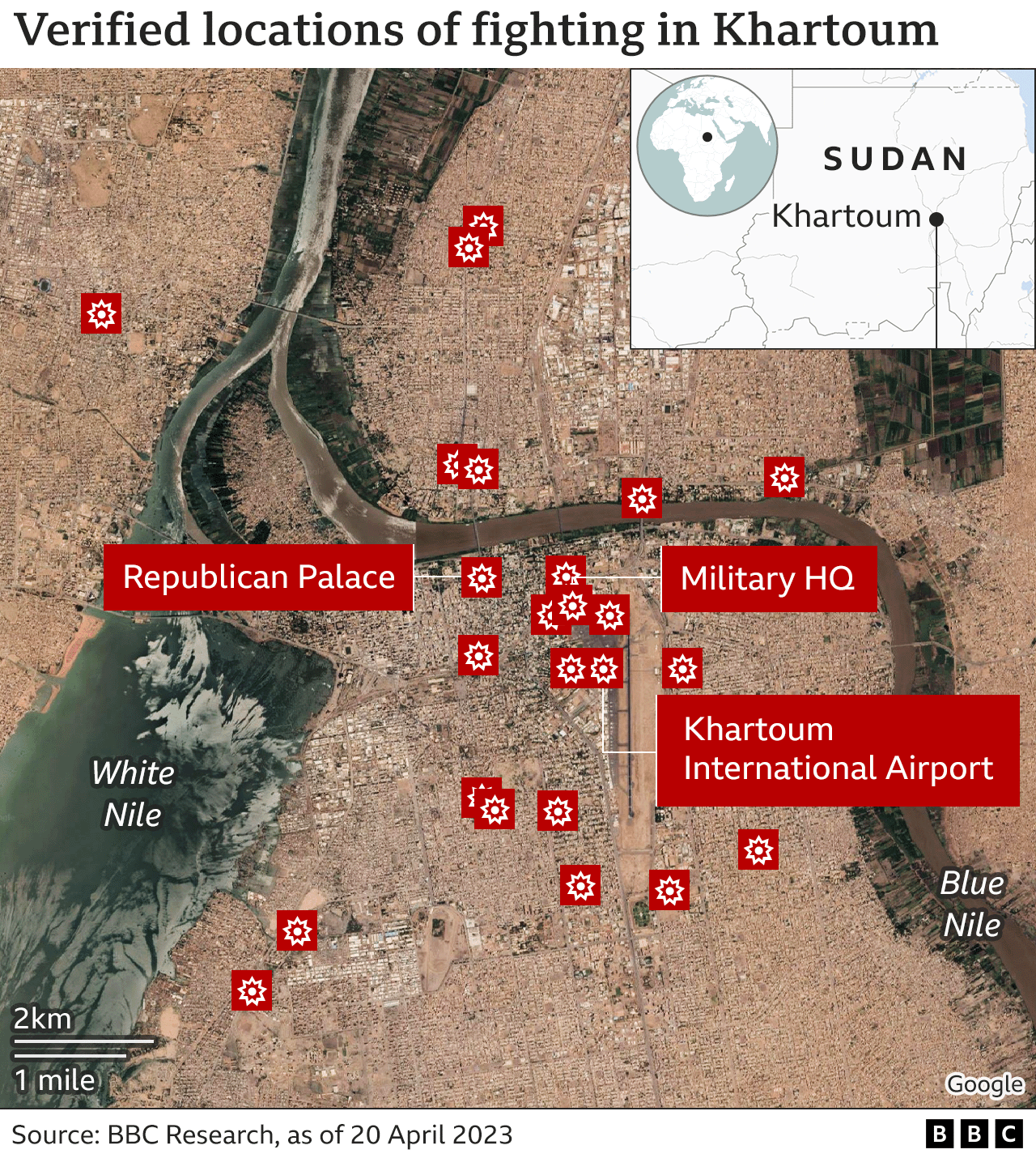 A map showing the locations of fighting around Khartoum, verified by the BBC.