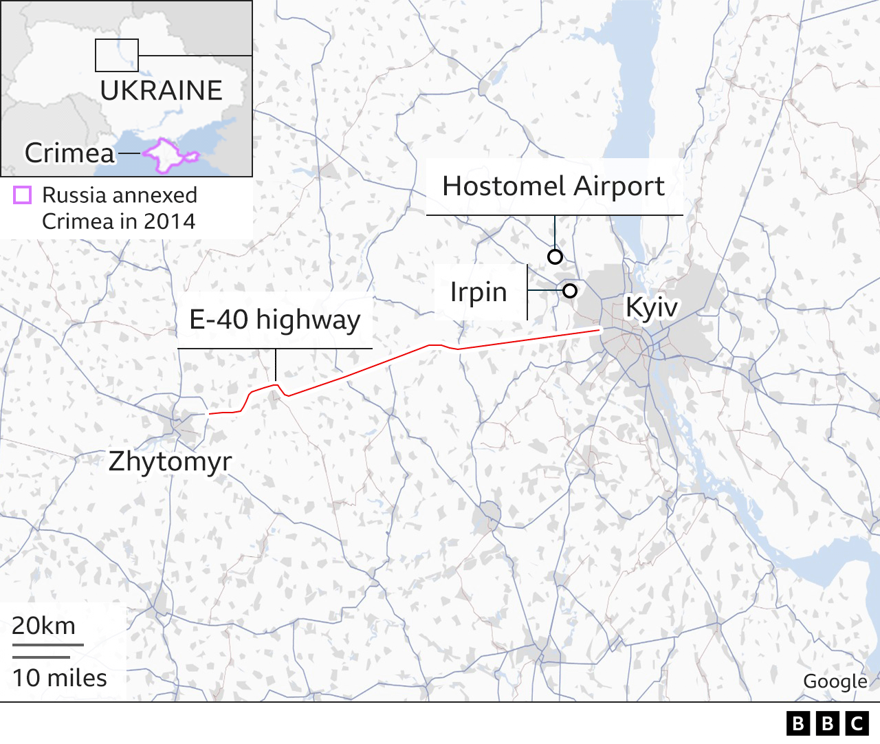 Map shows the E-40 highway in Ukraine, connecting Kyiv with Zhytomyr to the west