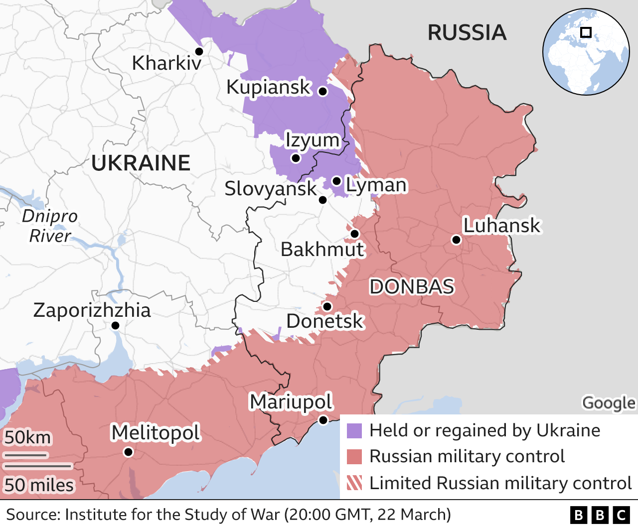 A BBC graphic showing areas of control in the Donbas