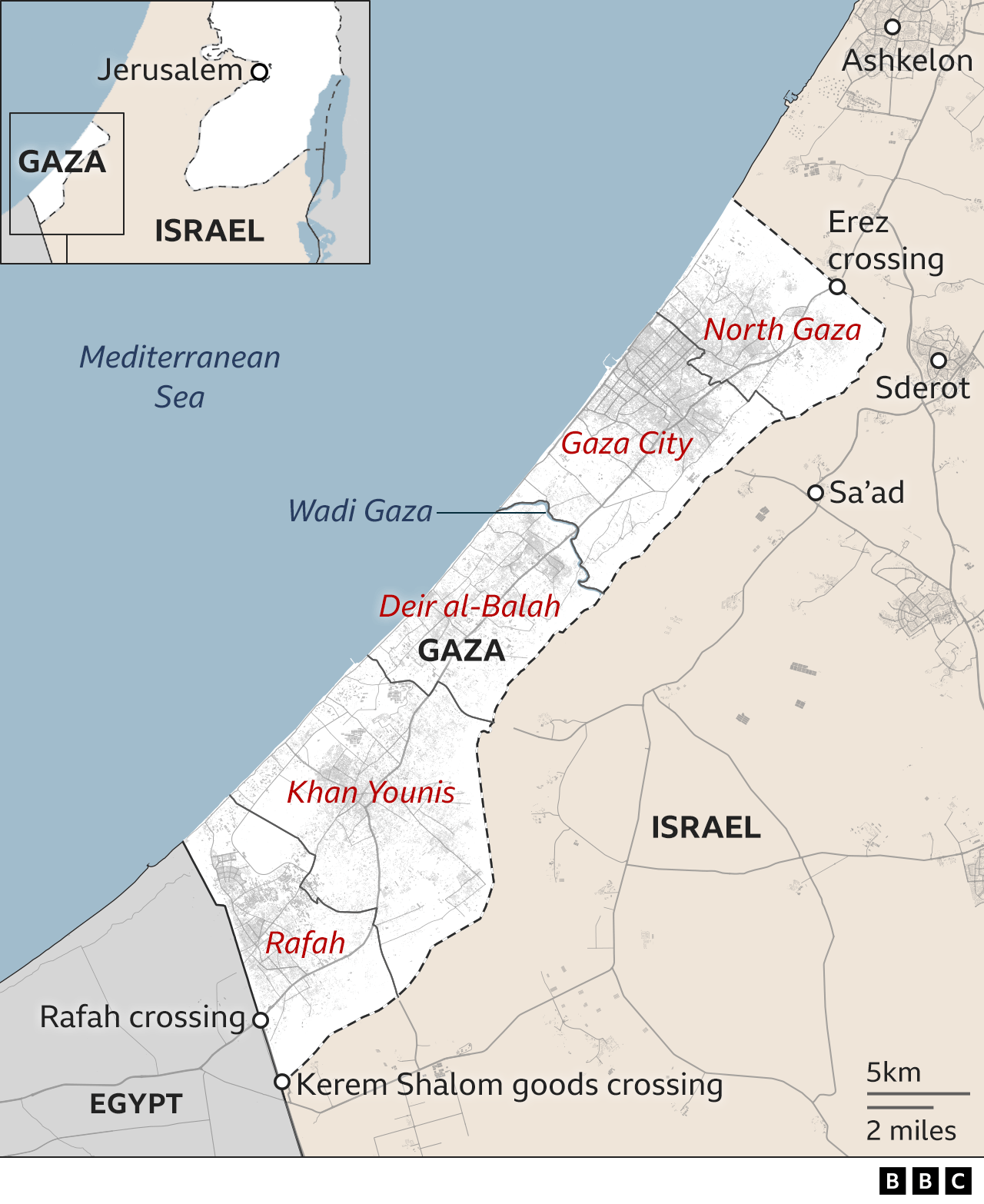 Map of Gaza showing various parts of the strip including Gaza City and Rafah