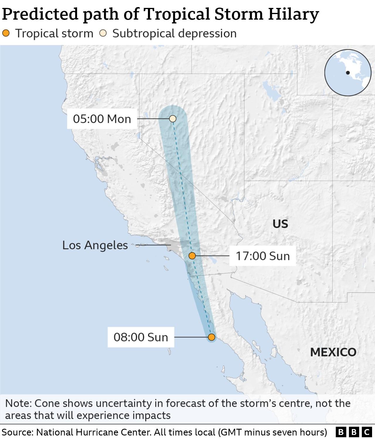 Map shows the predicted path of Storm Hilary