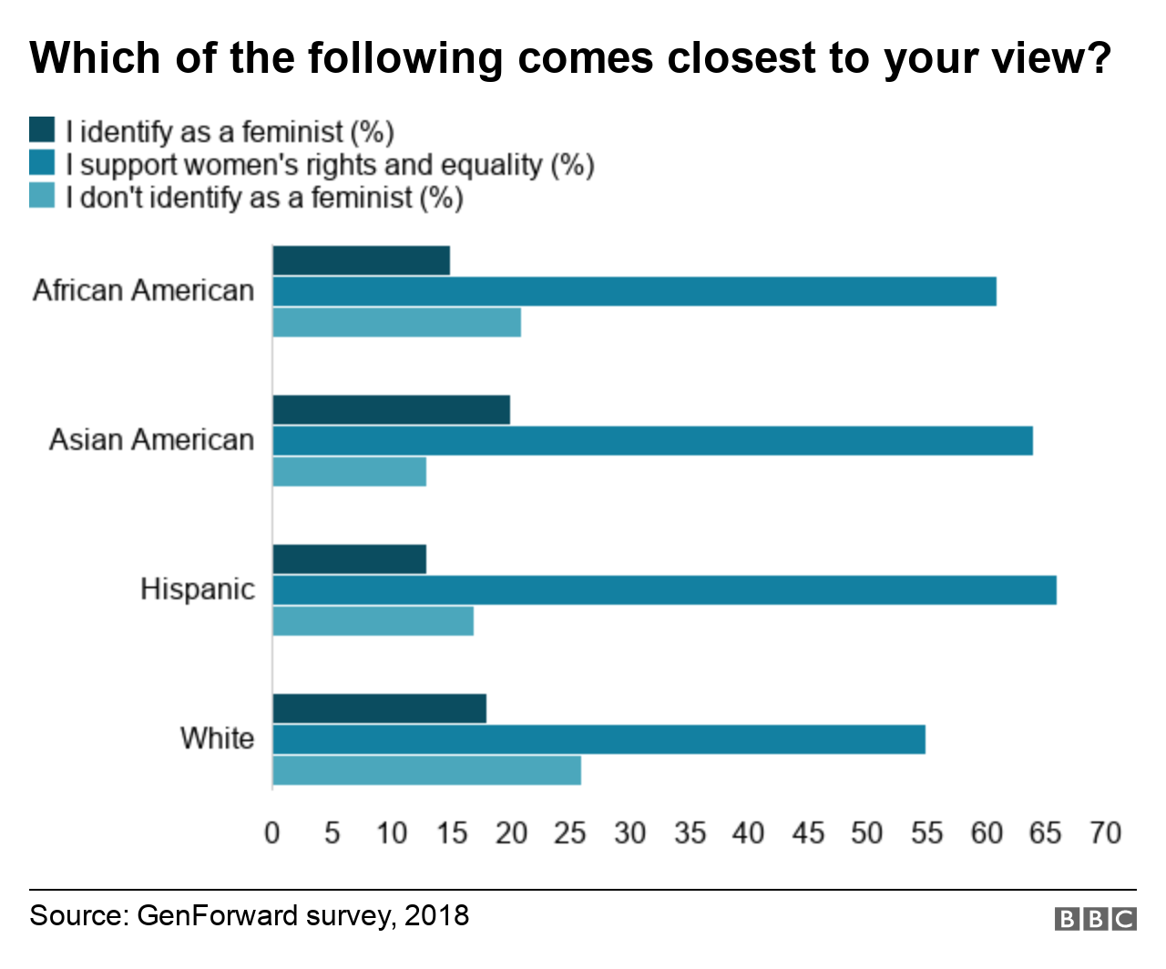 Bar chart showing responses by ethnic group to three questions are you a feminist, do you support women's rights or do you not identify as a feminist