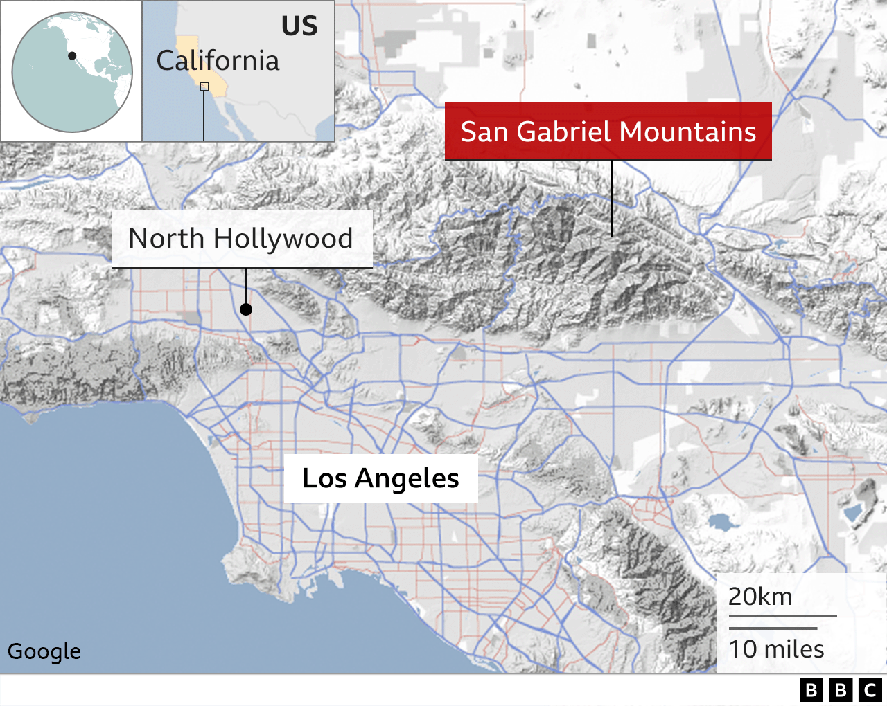 Map showing mountains and LA