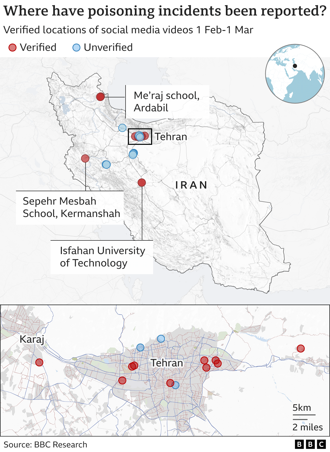 Map of Iran showing reported poisoning incidents