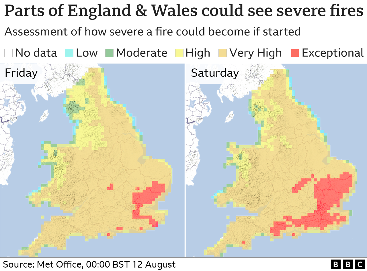 Map showing areas of the UK at risk of fires because of the dry weather