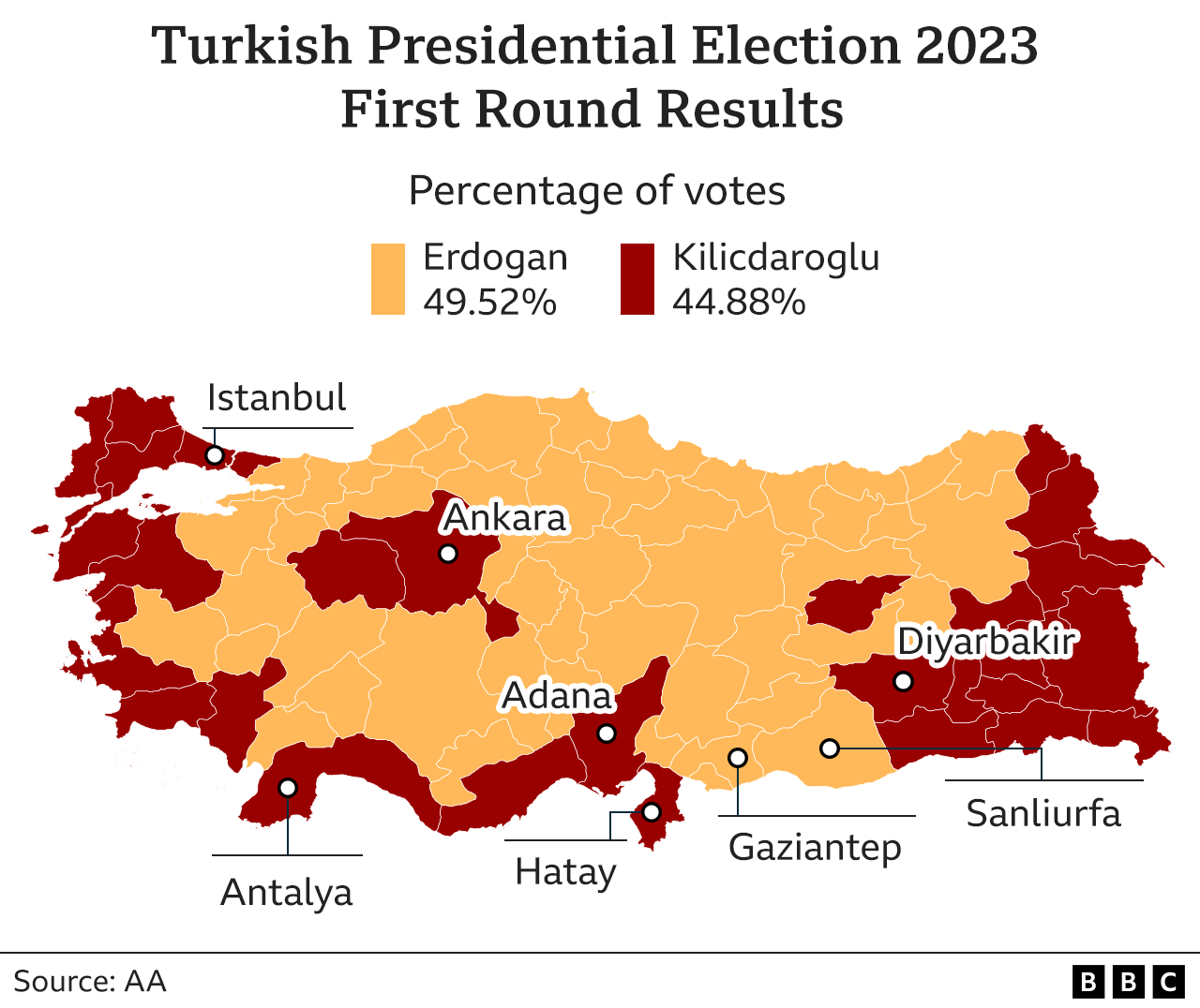 Map shows the percentage of votes from the first round of Turkey's presidential election