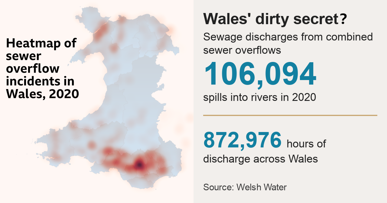 Data graphic with heatmap of sewer overflow incidents in 2020 in Wales