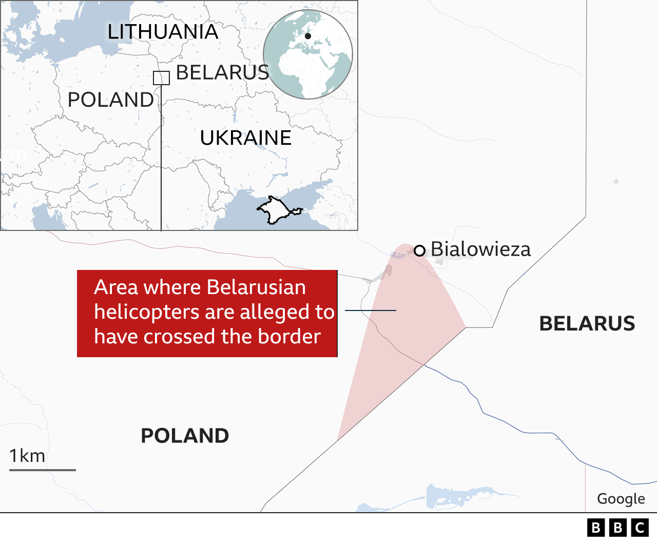 Map showing area of alleged incursion by helicopters