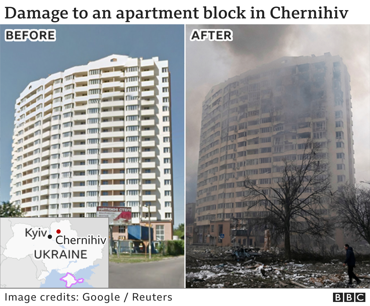 Images showing before and after an attack on Chernihiv in Ukraine