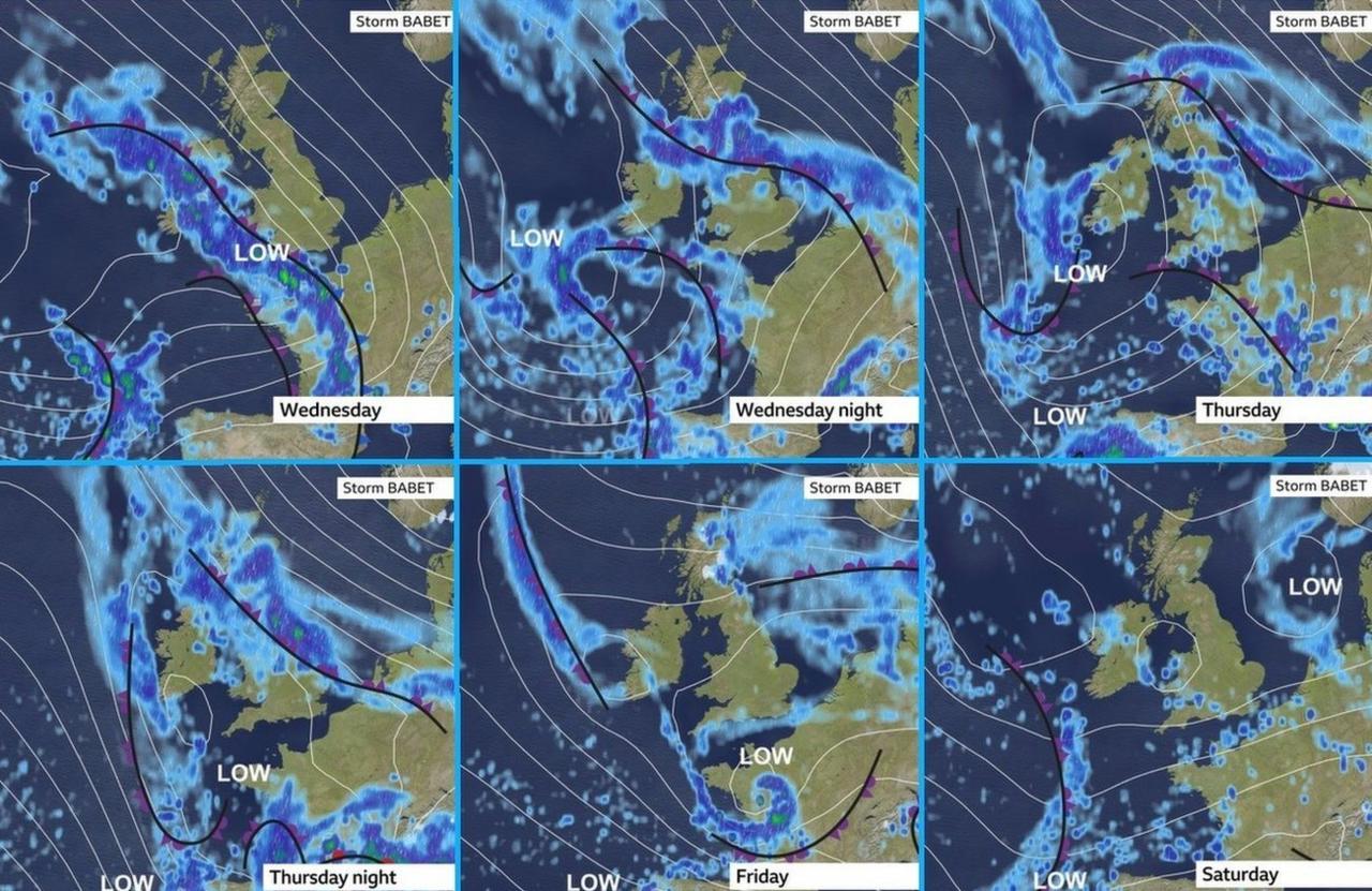 Six 鶹Լ Weather maps of the UK showing where Storm Babet will be positioned day by day, moving across from the UK from Wednesday to Saturday