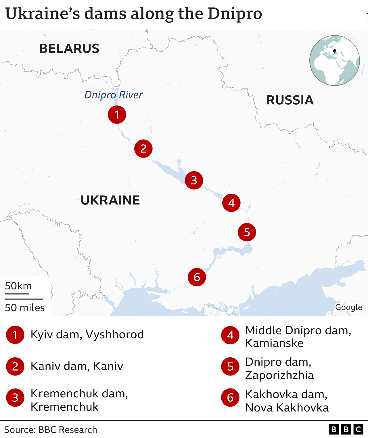 Map showing hydroelectric dams along the Dnipro river in Ukraine