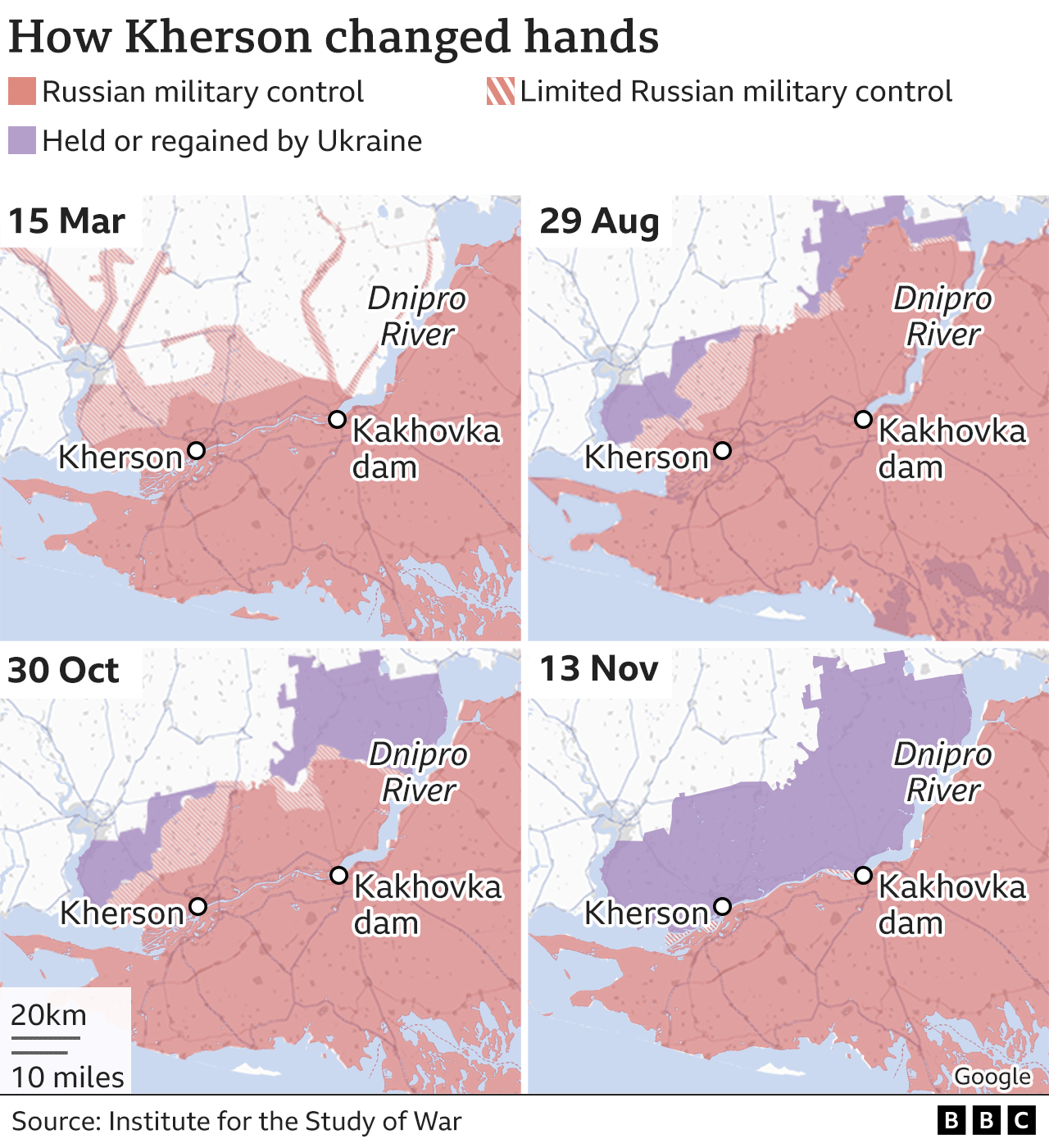 Map showing how Kherson has changed hands. Updated 13 Nov.