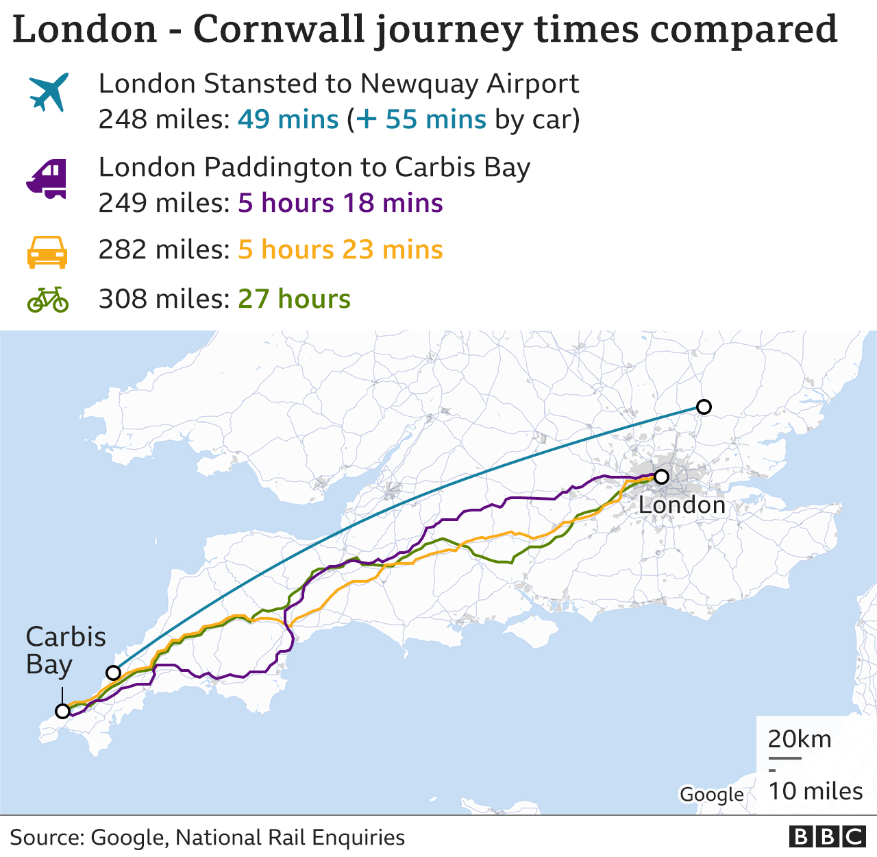 Map showing the fastest routes from London to Cornwall