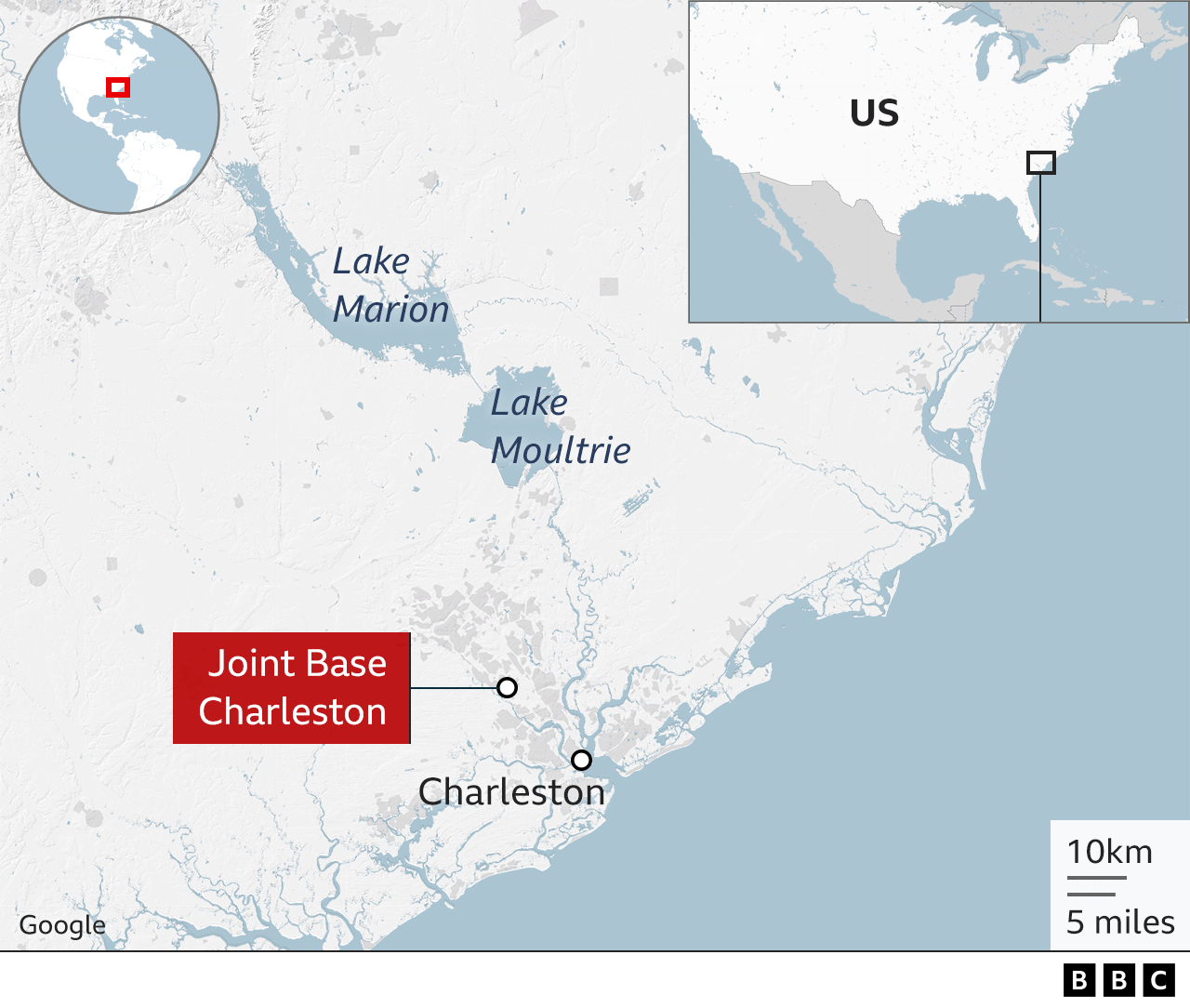 A map showing the two lakes being searched and their proximity to Charleston