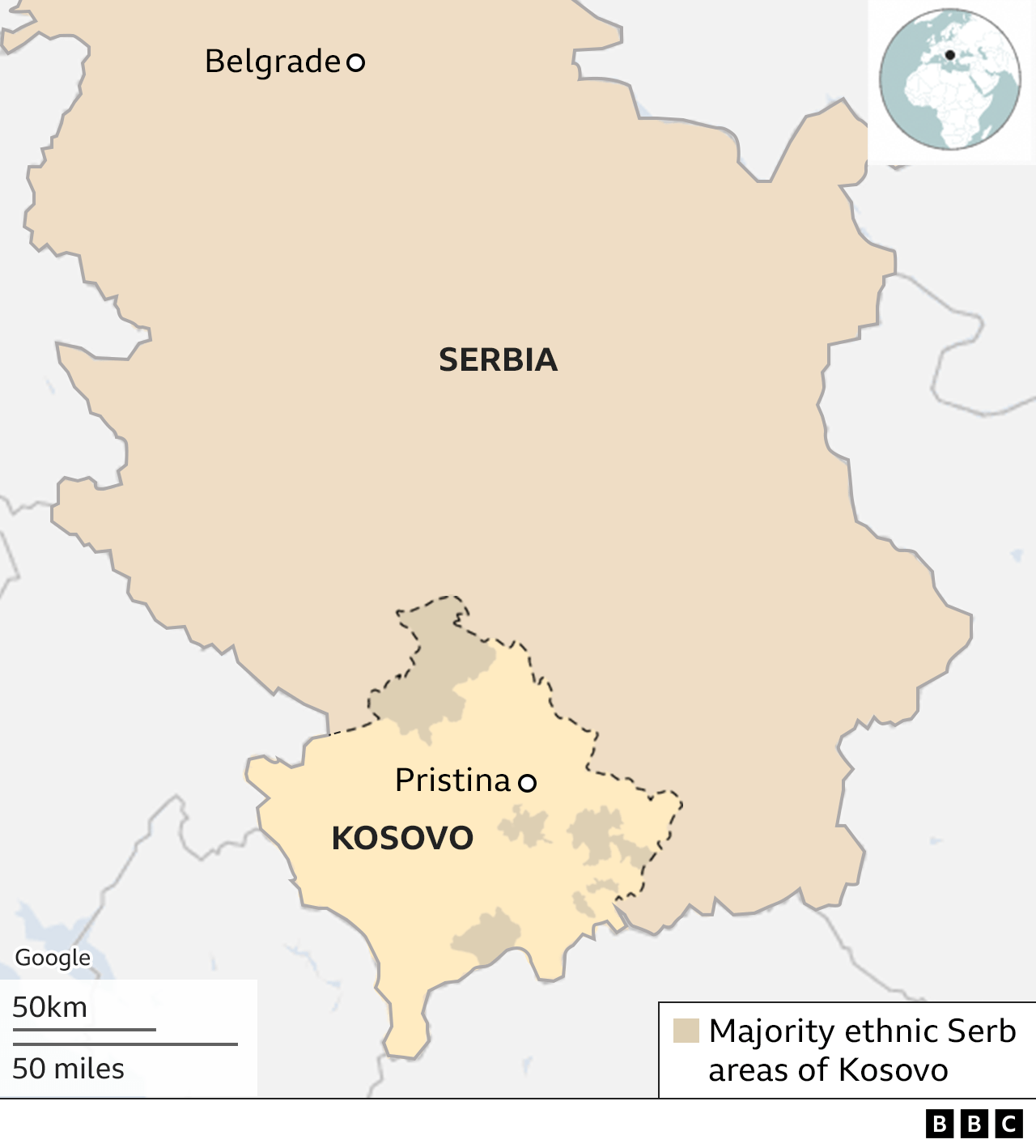 Map of Serbia and Kosovo, showing regions of Kosovo where ethic Serbians are in the majority