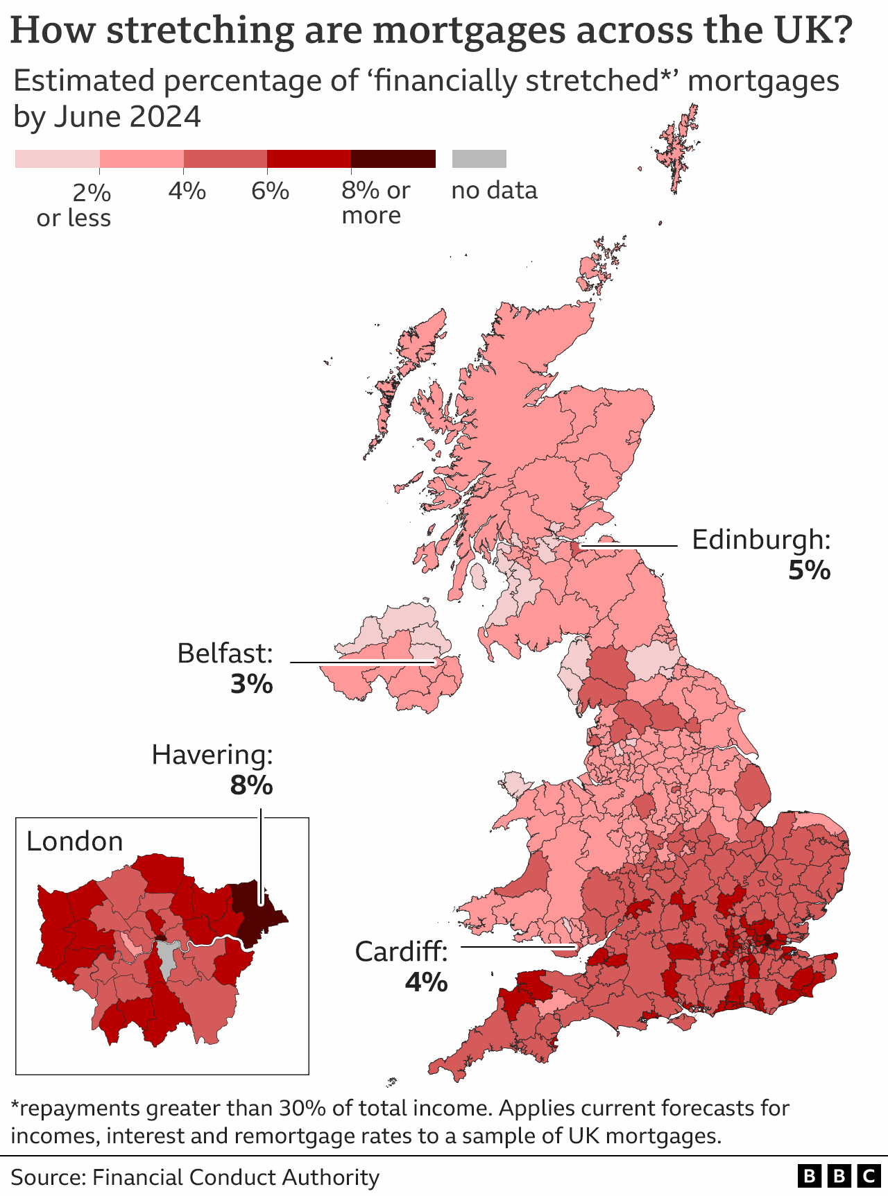 A map of local authority areas in the UK showing the estimated percentage of households by June 2024 that will be paying more than 30% of total income on a mortgage. It ranges from about 2% in Scotland and much of the north of England and getting higher the further south you go. The average is 6% and the highest areas are in London and the South East with a few reaching 8%.