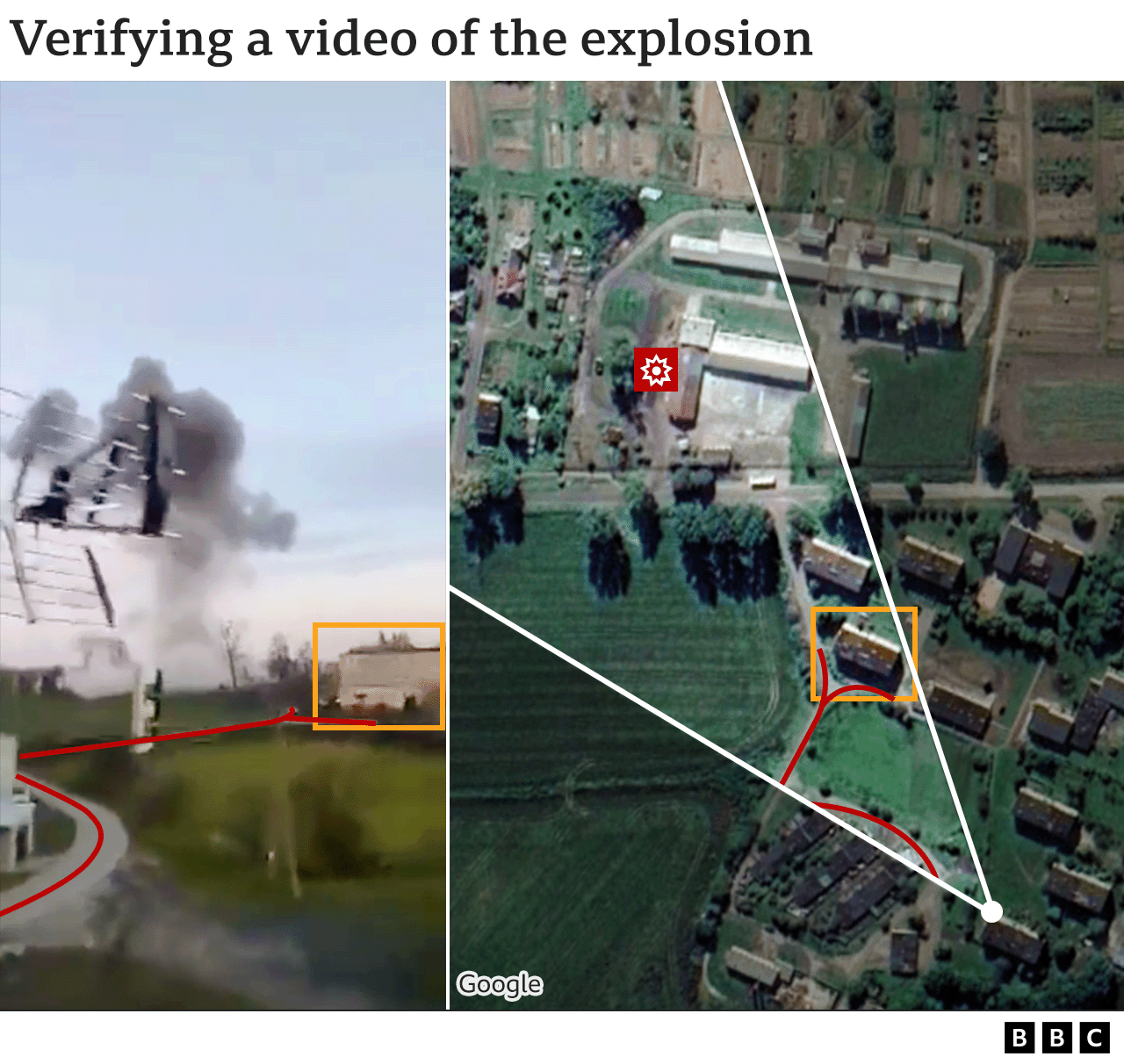 Graphic showing screenshot of video and map of area near explosion