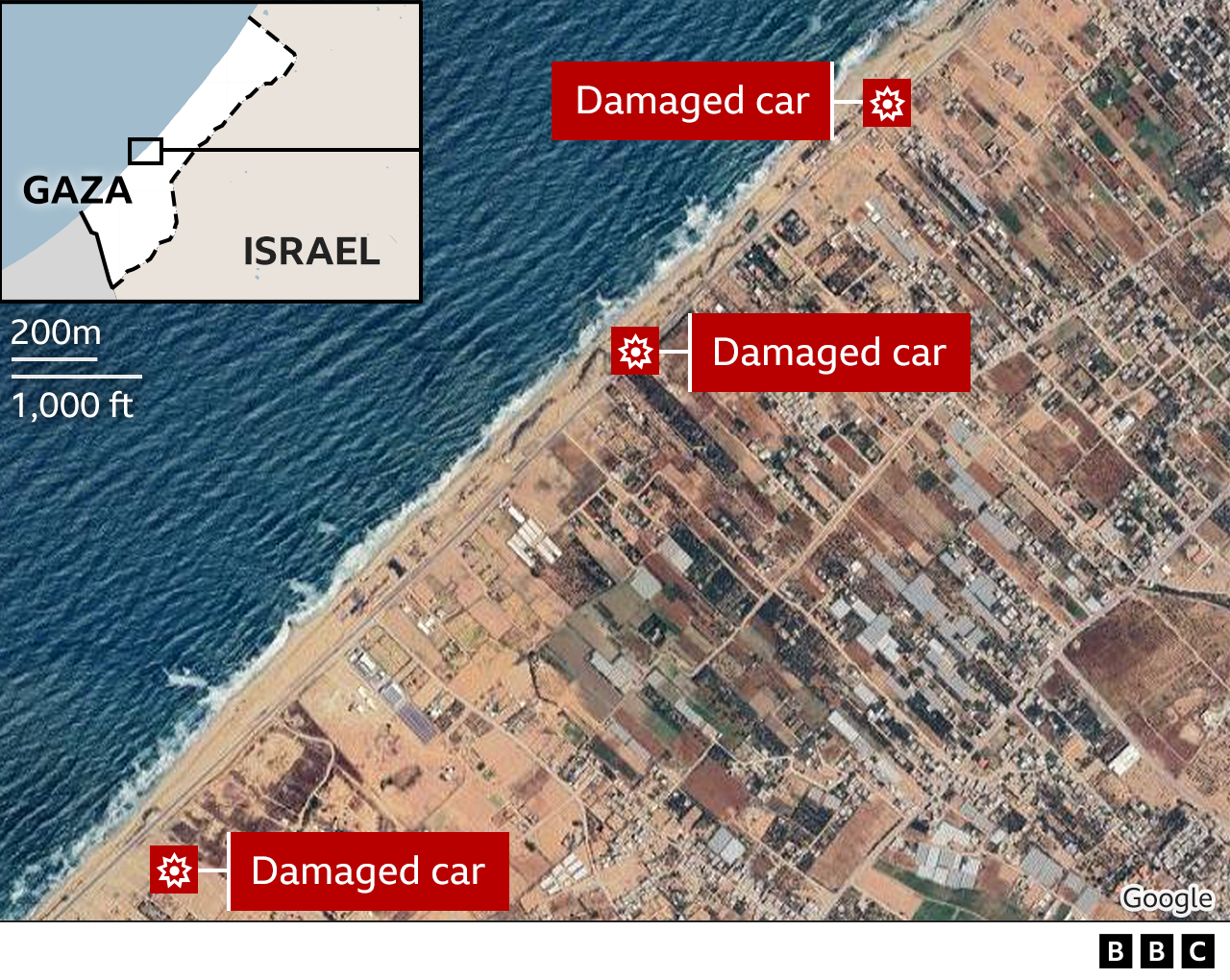 A map shows the three locations where WCK vehicles were hit