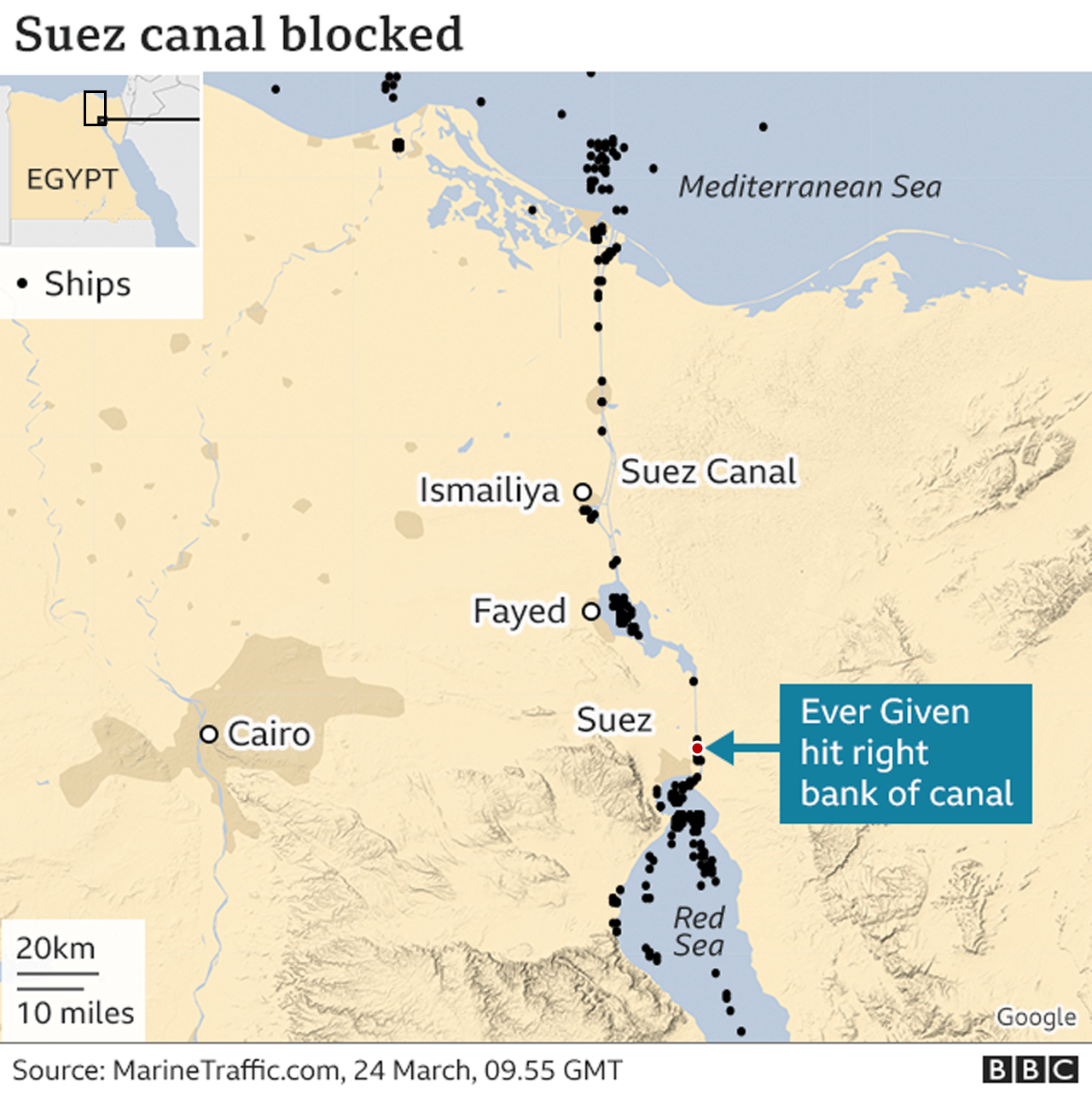 Map showing the position of the Ever Given