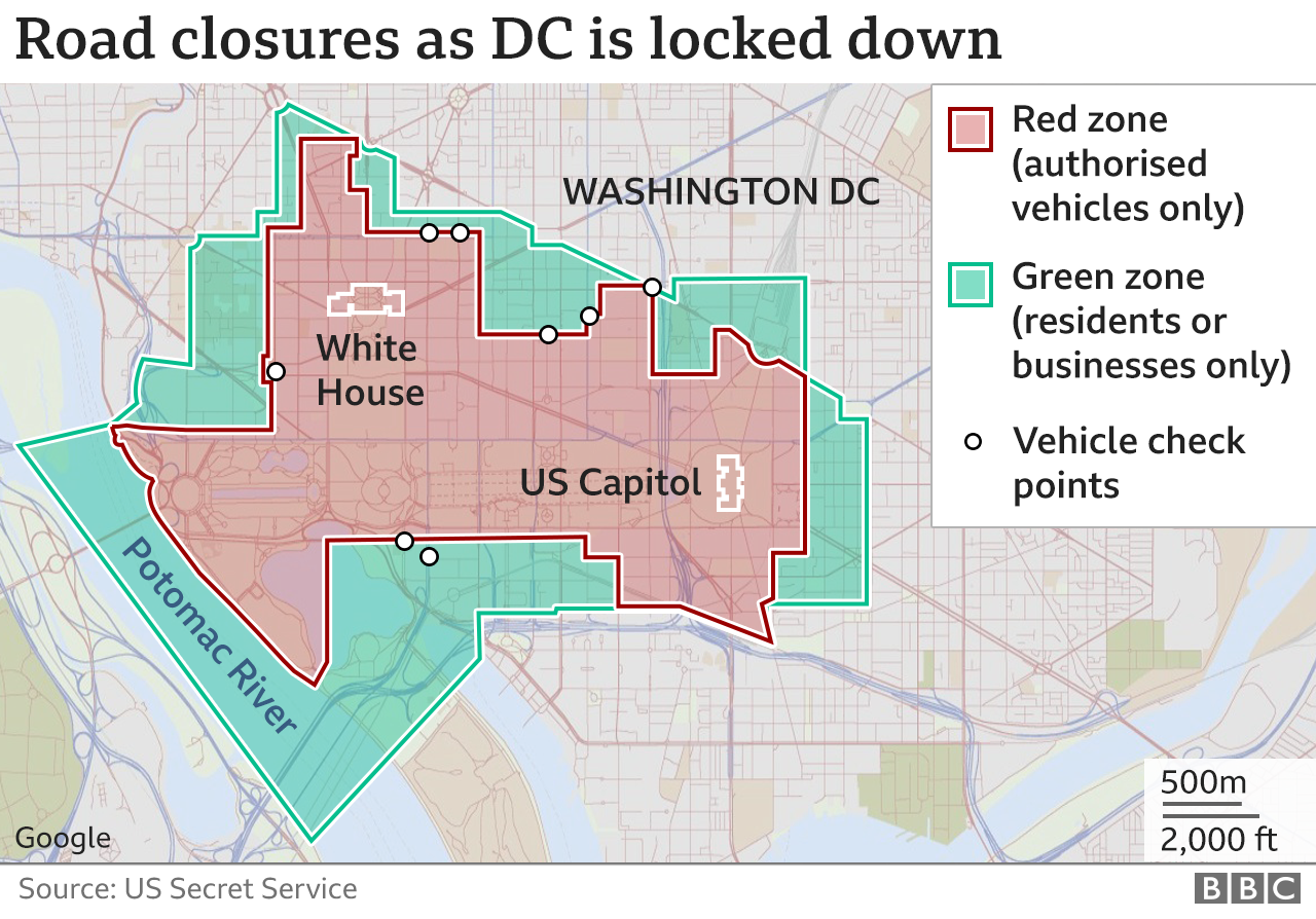 Map showing the vehicle restrictions in place in the temporary red and green zones in Washington DC