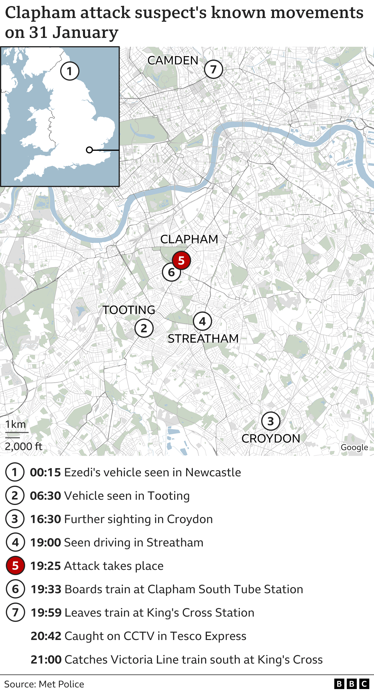 Map showing timeline of Ezidi's movements according to the Met Police