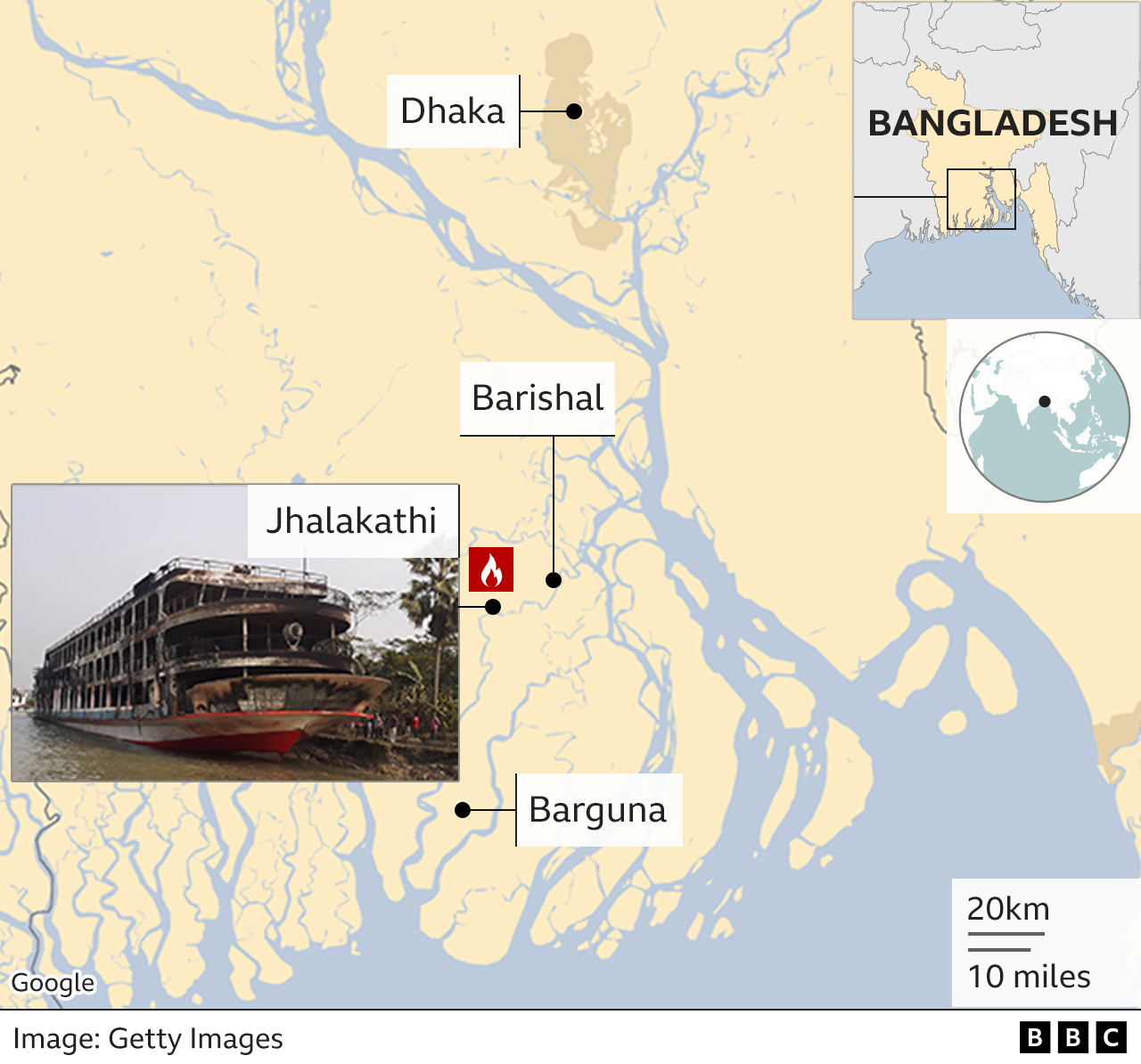 Map showing the location of the ferry when the fire happened