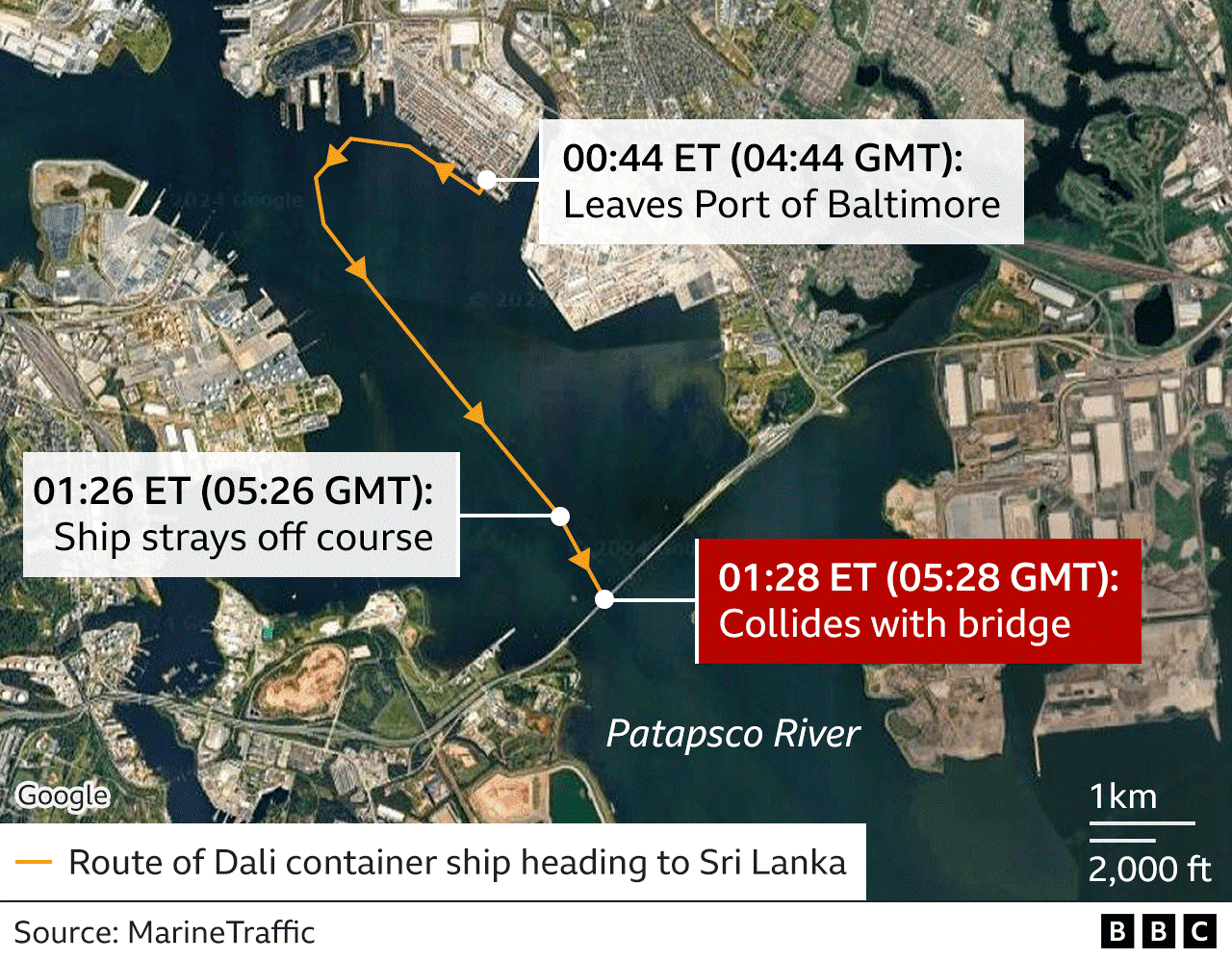 Map of the ship's route before it crashed into the bridge