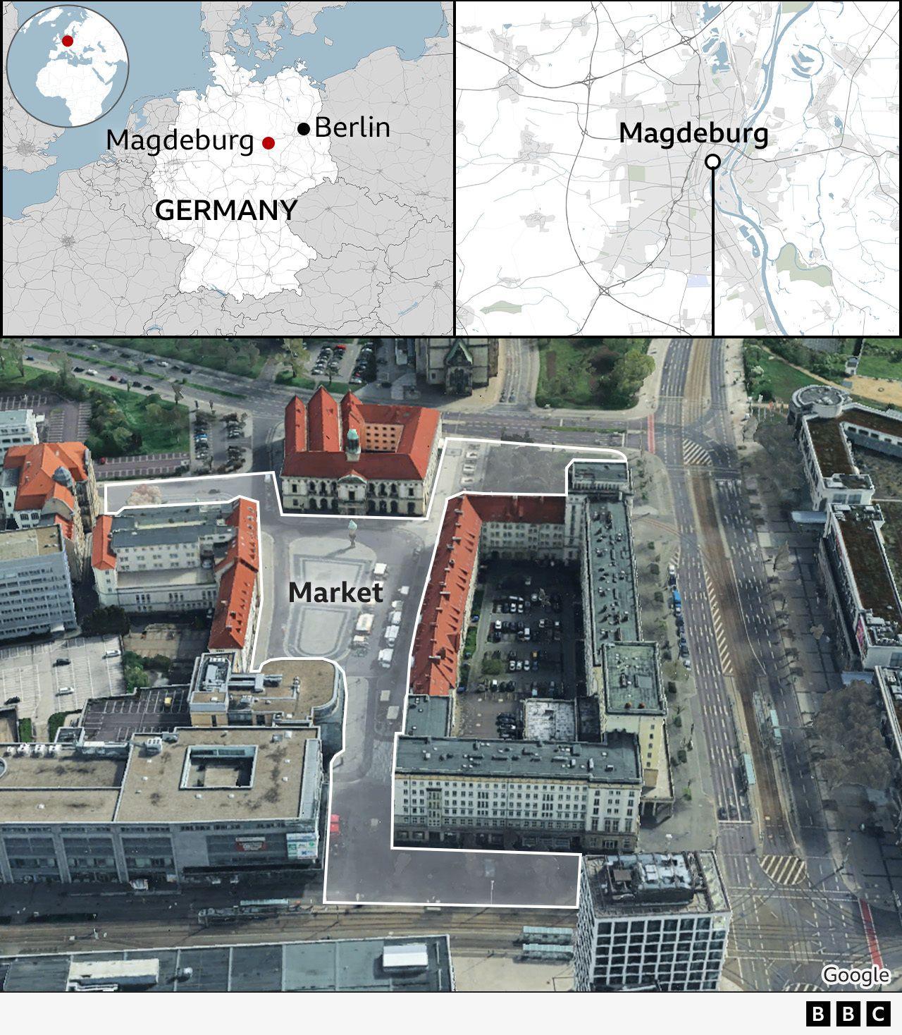 Three maps show the location of Magdeburg, east of Germany, where the markets are in the city centre and a highlight of a street-view showing the lane where the markets were set up.