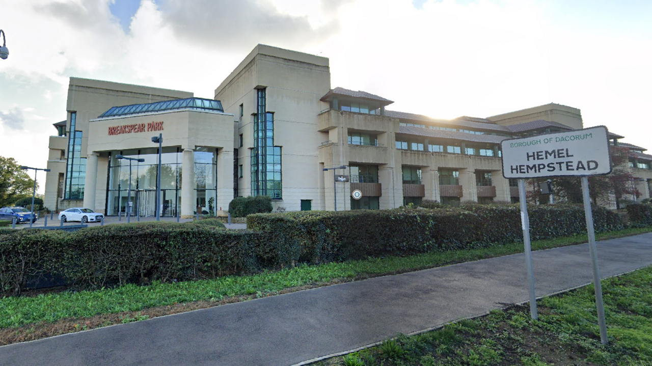 Britvic's headquarters at Breakspear Park in Hemel Hempstead. It is a large cream-coloured modern building on an industrial estate.