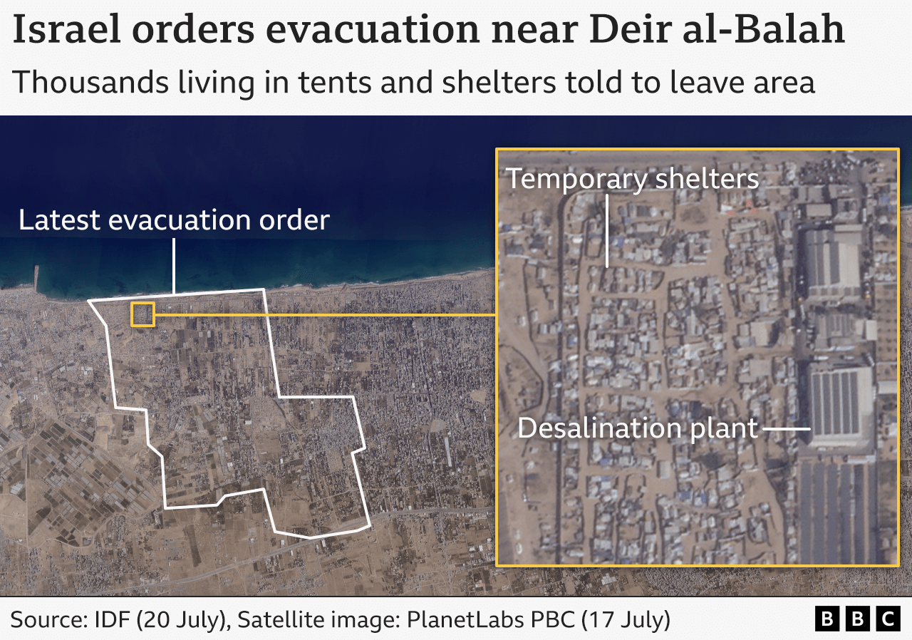 Satellite image showing an area near Deir al-Balah with a highlighted zone indicating the latest evacuation order. An inset view displays temporary shelters and tents. Source: IDF (20 July), Satellite image: PlanetLabs PBC (17 July)
