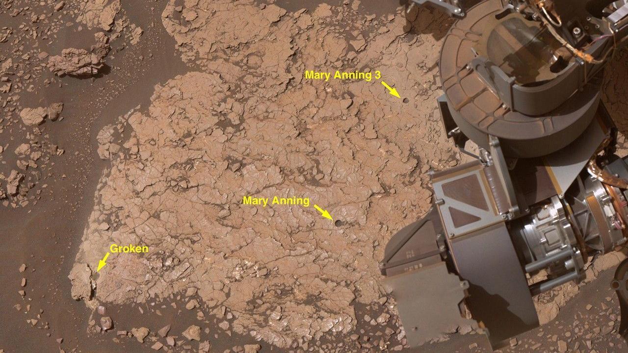 This is an annotated close-up of three holes NASA’s Curiosity drilled into Martian rock at a location nicknamed “Mary Anning” in October 2020. 