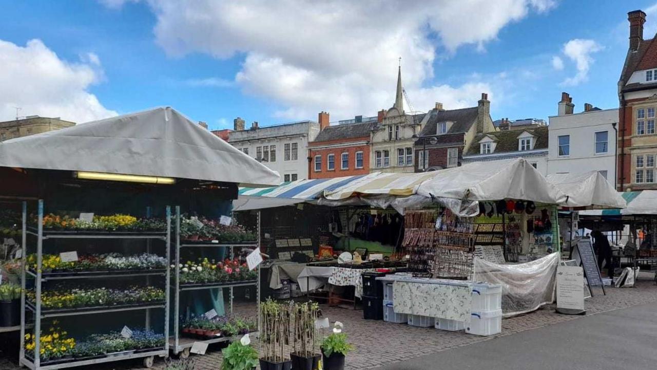 Market stalls in Cambridge. One is selling flowers and other plants.