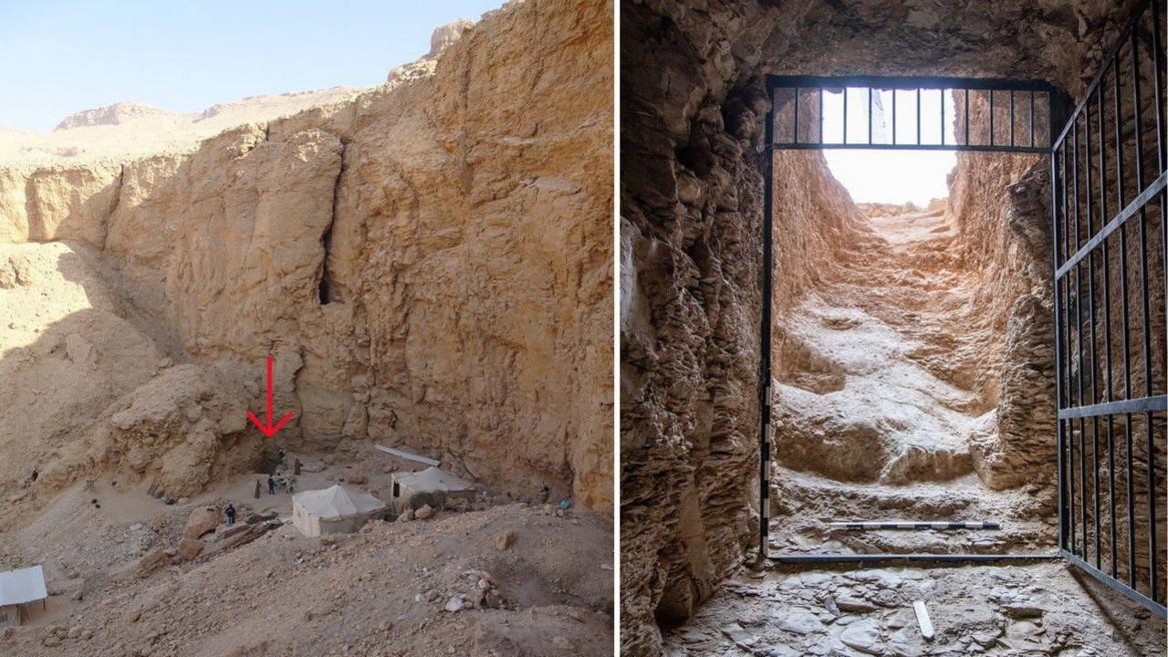 The location and entry to the royal tomb of King Thutmose II who ruled three-and-a-half thousand years ago - the narrow entrance is carved into a stone cliff.