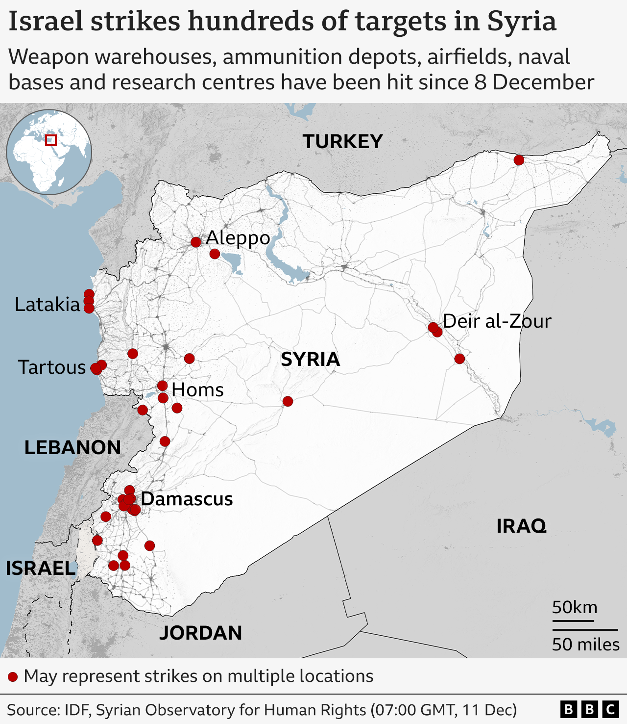 A map showing the places in Syria that Israel has targeted with missile strikes, most of which are in the south and west of the country, particularly around the capital, Damascus.