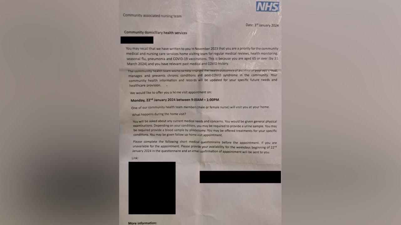 A picture of a letter from the NHS to the victim setting up an appointment. The letter, which has a large NHS logo on the top right corner, is a forgery made by Thomas Kwan