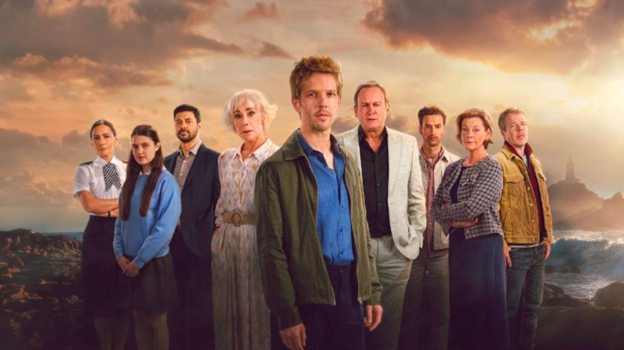 A promotional image showing the cast of the new series of Bergerac against a backdrop featuring sun, sky, clouds and sea 