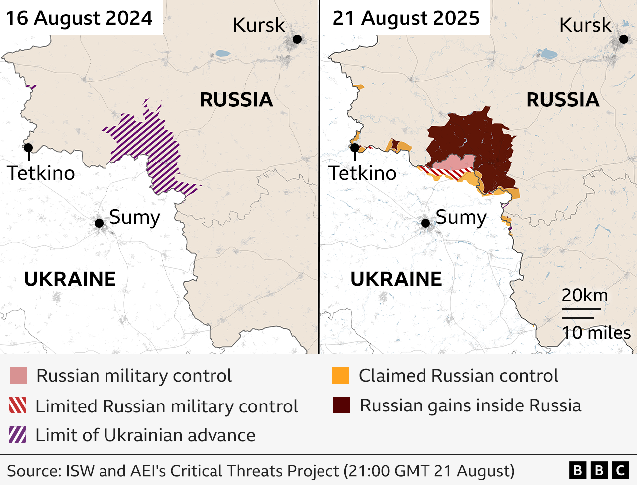 Side-by-side comparison map showing changes in territorial control just over the Russian border between Russia and Ukraine from 16 August 2024 to 21 August 2025.
Left map (2024): Limit of Ukrainian advances are marked with purple stripes
Right map (2025): A slightly larger area including small areas across the Ukrainian border is shaded with a bit more in yellow to show claimed Russian control.
Key towns labeled include Kursk, Tetkino, and Sumy. Source: ISW