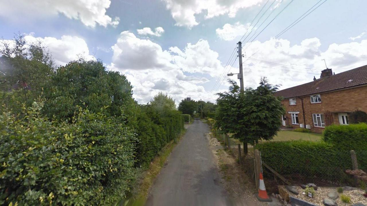 Church Lane in Snitterby. A narrow lane with bushes either side and some terraced houses can be seen on the right.