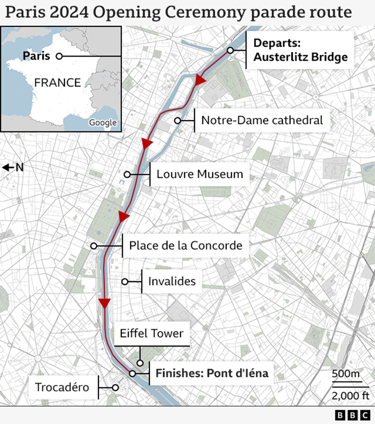 Map showing the route of the Paris 2024 Opening Ceremony parade along the river Seine. The parade will pass through several landmarks, as Notre-Dame cathedral, Louvre Museum, Place de la Concorde, Invalides and Eiffel Tower.