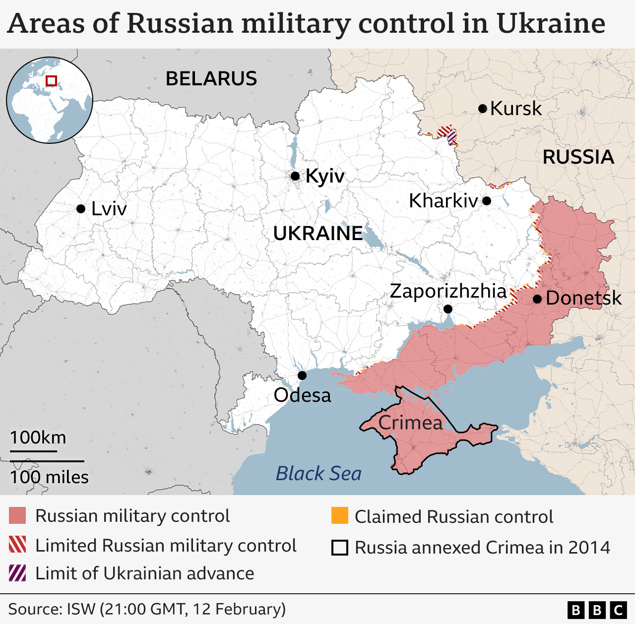 Map showing which areas of Ukraine are under Russian military control or limited Russian control. 