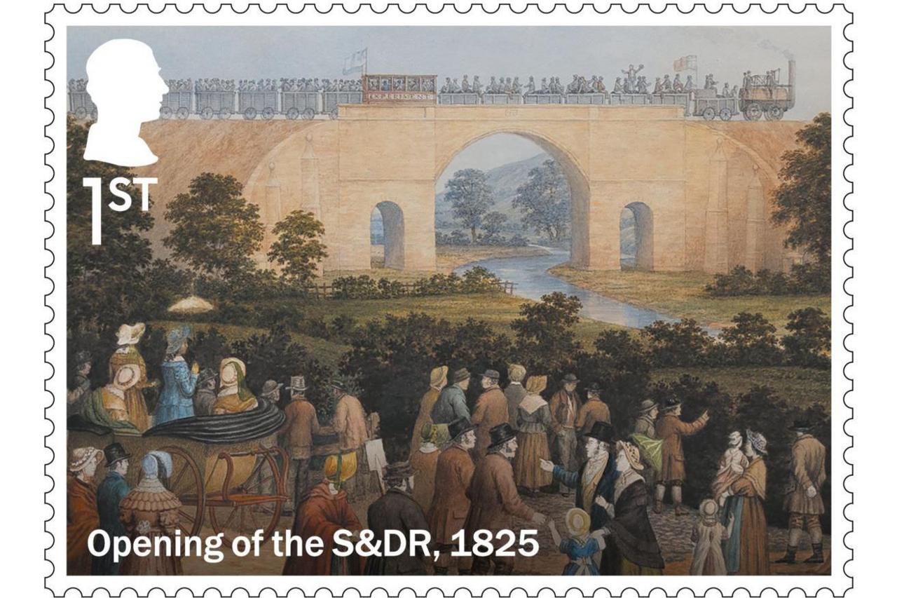 A first class stamp depicts the "Opening of the S&DR, 1825". People stand on the banks of a river looking up at a bridge with a steam train crossing it.