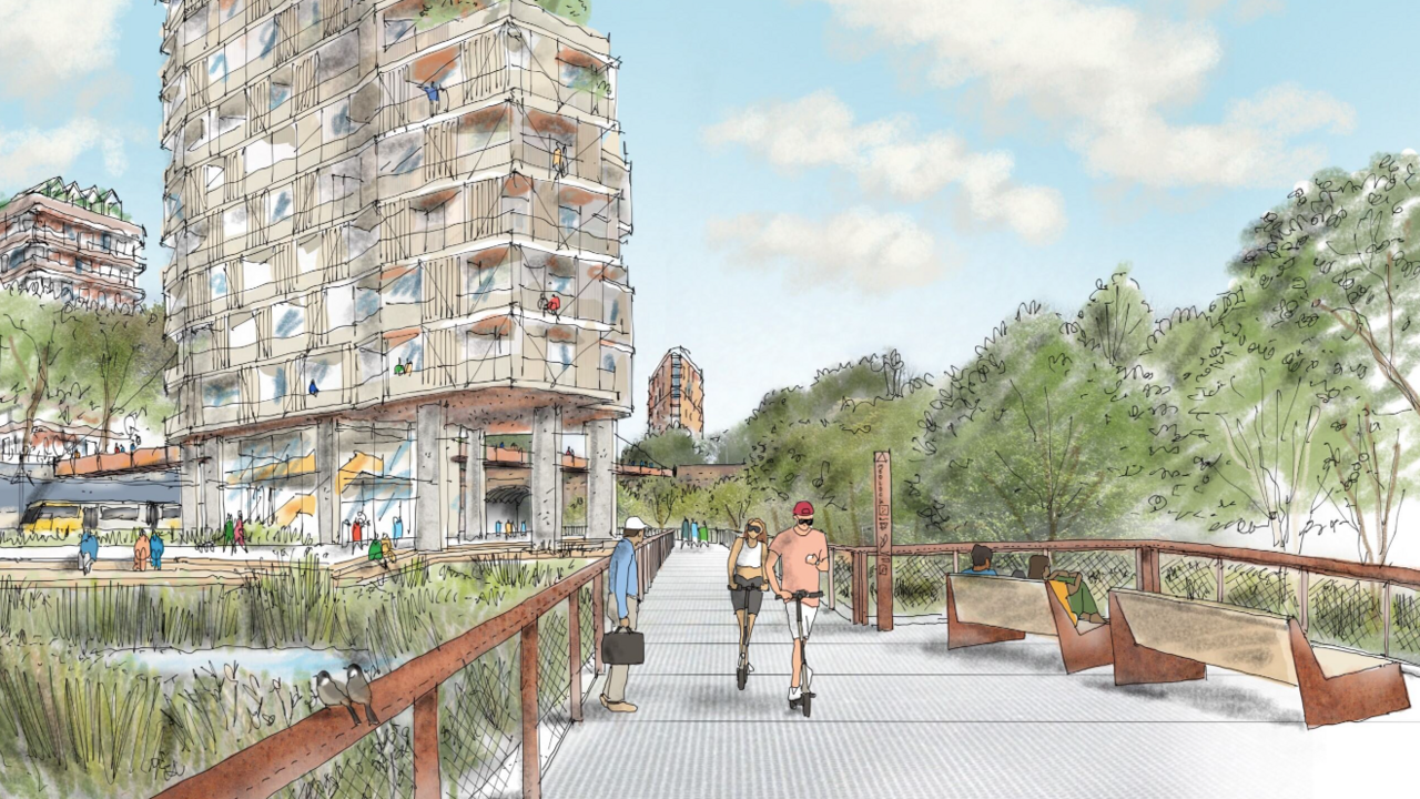 An artist's sketch featuring a man with a briefcase on a walkway close to a pond watching two people go past on e-scooters. A new high-rise apartment can be seen in the distance with people milling around the ground floor entrance. Trees can be seen surrounding the building and the walkway. 