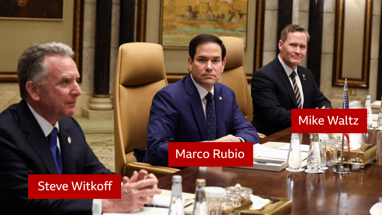 The US team of negotiators, from left to right, labelled Steve Witkoff, Marco Rubio and Mike Waltz