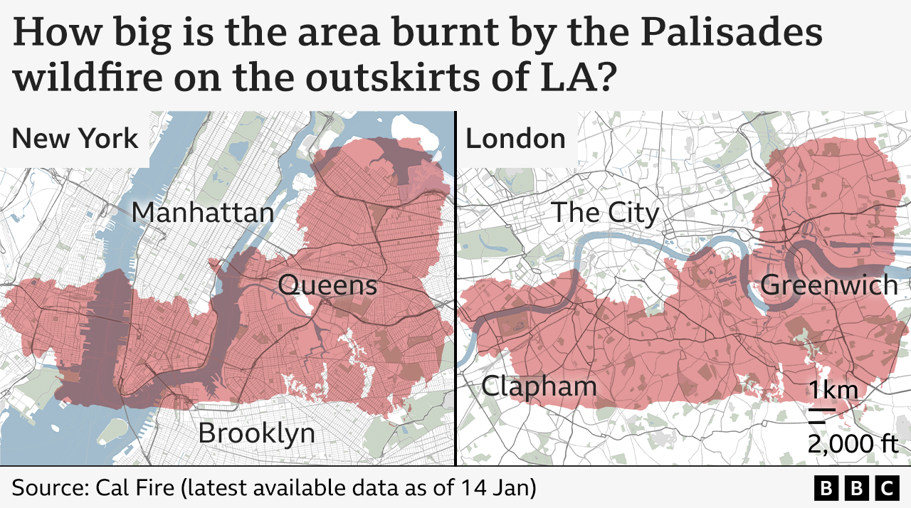 A BBC graphic highlights the size of the Palisades fire by overlaying an outline of the area it has burned on maps of New York and London. A significant part of each city centre is covered. The graphic is based on the latest available data, as of 06:12 GMT on 14 January 2025